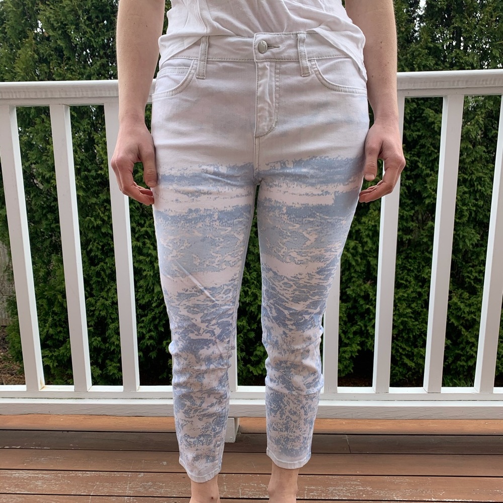 Joes Jeans white jeans with blue watercolor design